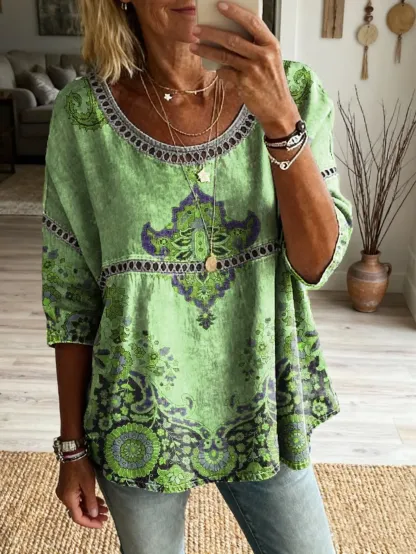 Women's Vintage Ethnic Floral Art Print Casual Round Neck Cutout Top