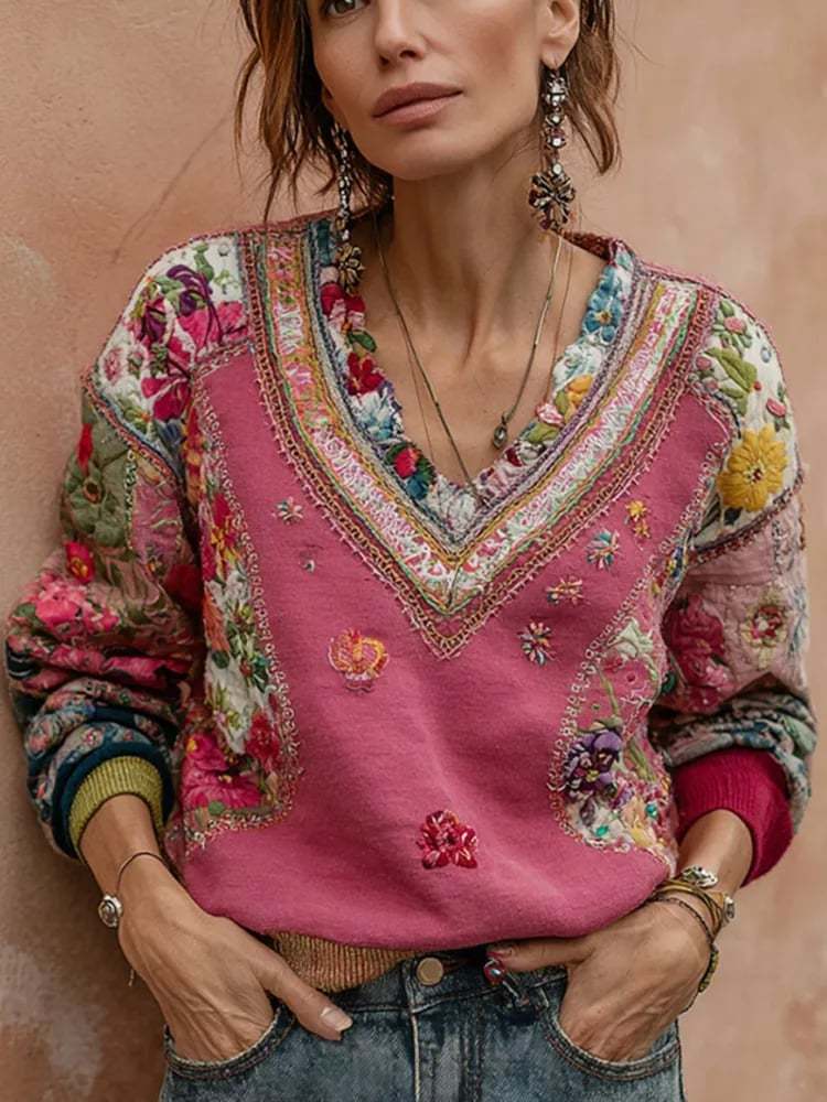 Women's Autumn And Winter Elegant Flower Embroidery Printed Casual Top