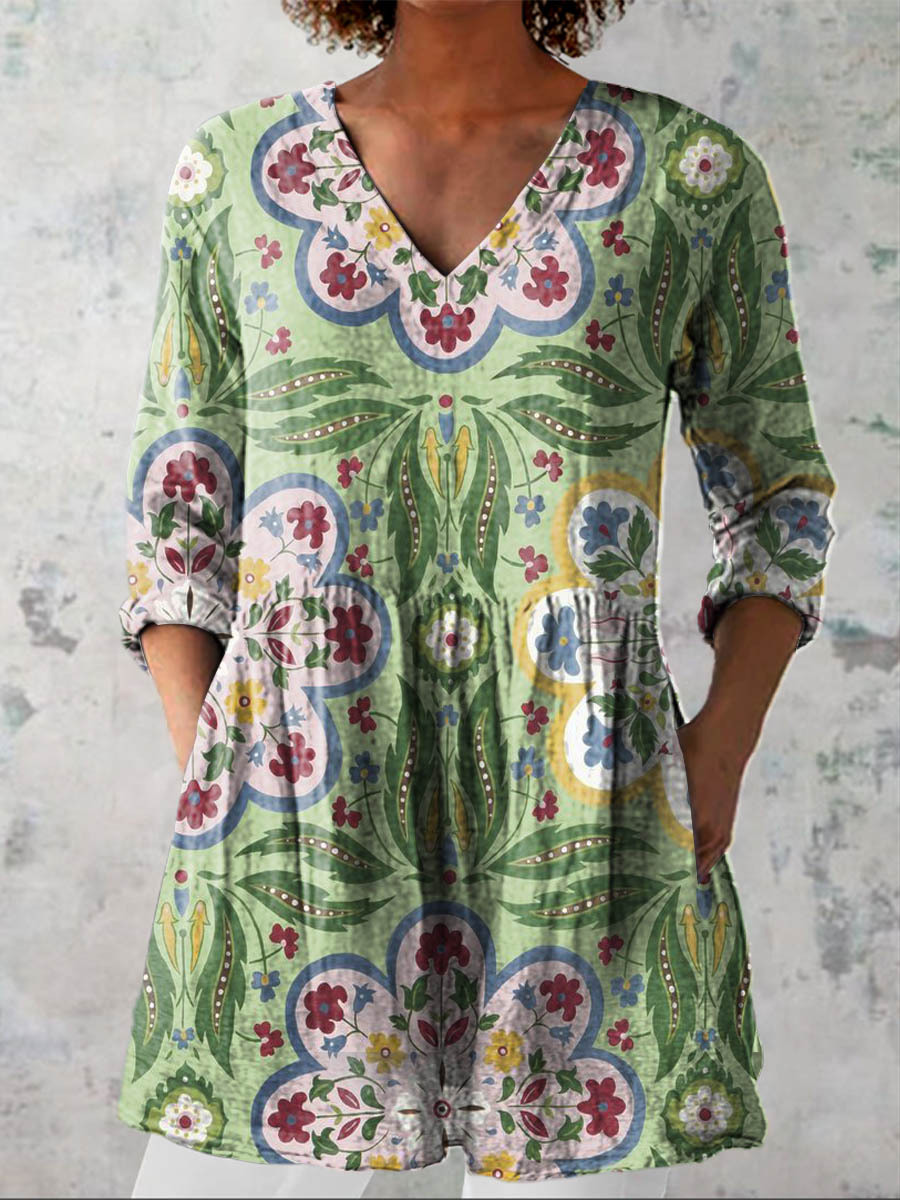 Women's Vintage Lovely Floral Art Print Casual Linen V-neck Shirt