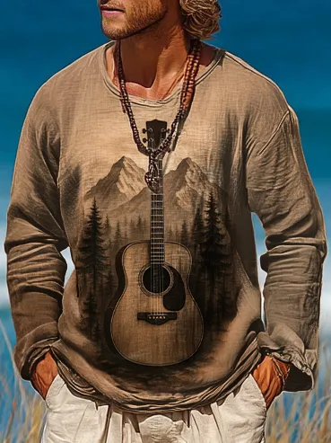 Mens Vintage Yellow Guitar Art Print Casual Round Neck Long Sleeve Shirt