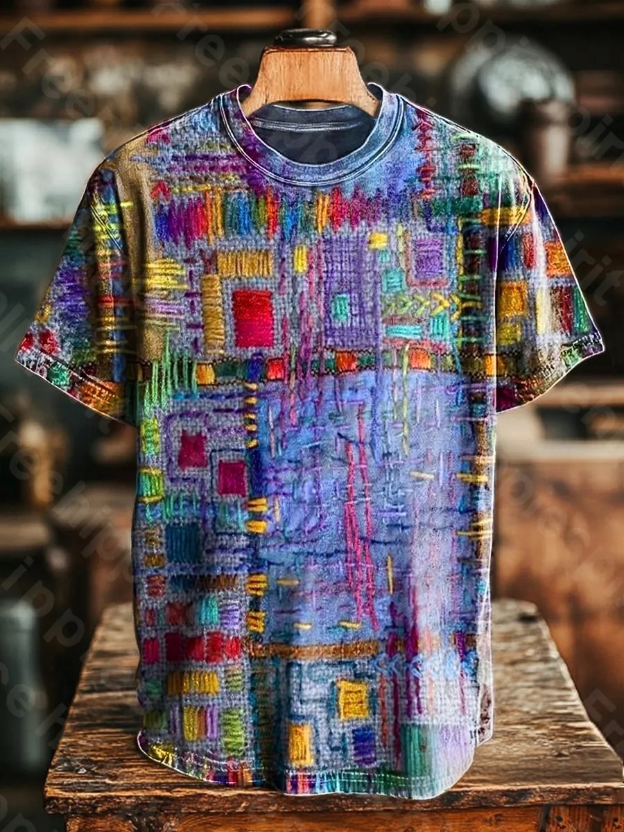 Unisex Retro Ethnic Patchwork Art Pattern Print Casual Loose Short Sle