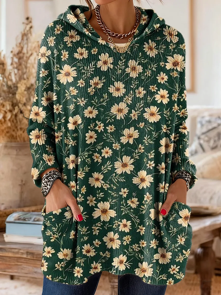 Women's Retro Floral Art Print Casual Long-Sleeved Hooded Cotton Knit 