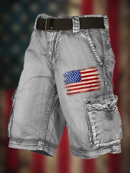 Men's Vintage Flag Independence Day Multi-Pocket Print Cargo Shorts (Belt Not Included)