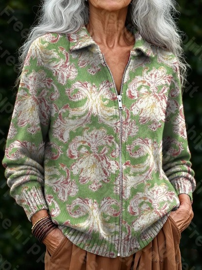 Women's Vintage Ethnic Green Floral Art Print Casual Zipper Cardigan Sweater