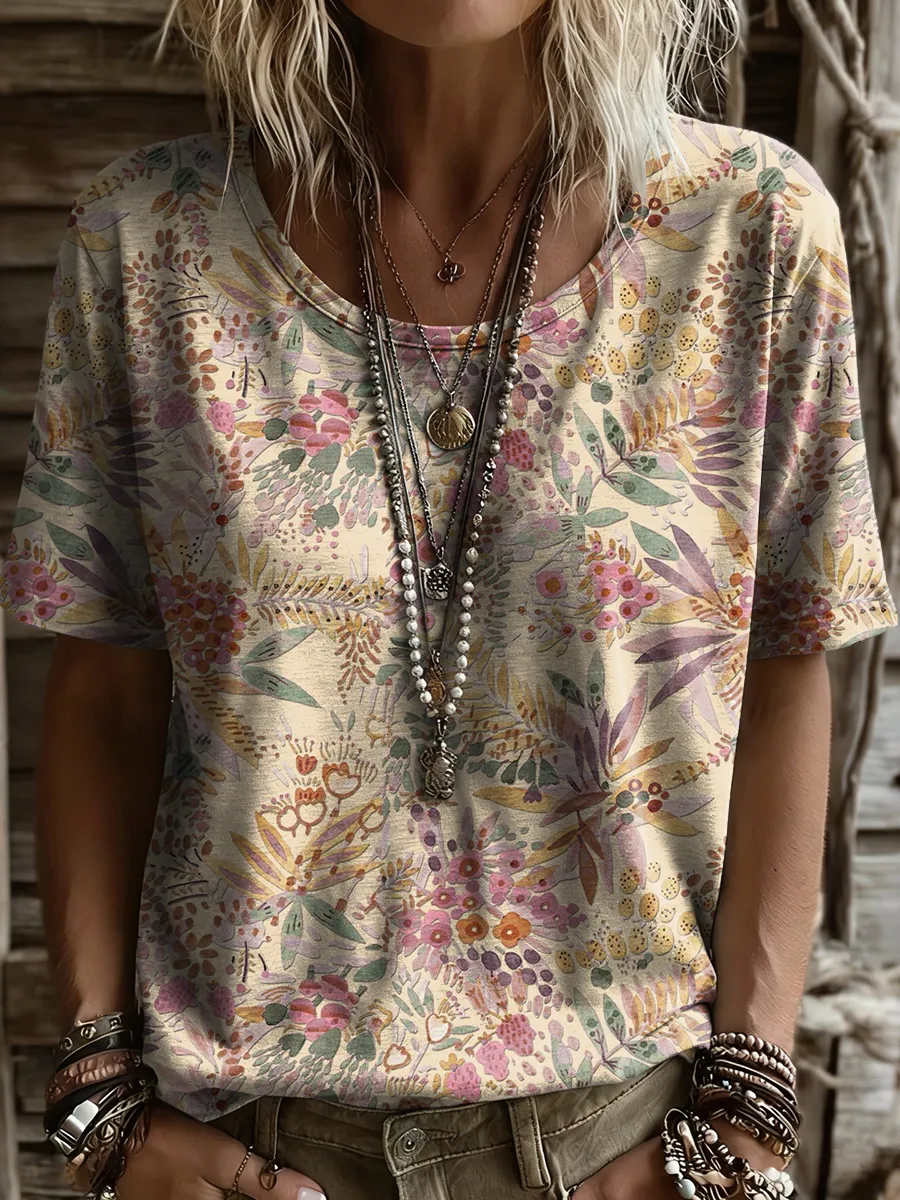 Women's Retro Floral Art Print Casual Short-sleeve Crew Neck T-shirt