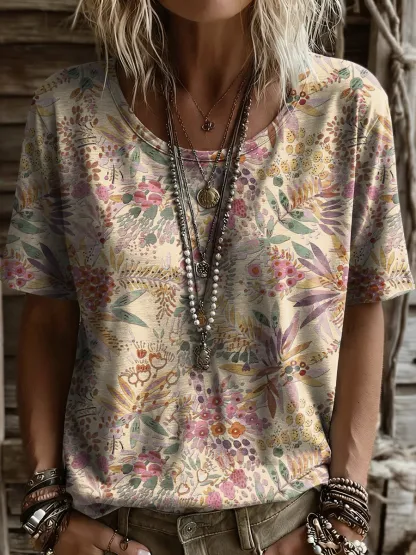 Women's Retro Floral Art Print Casual Short-sleeve Crew Neck T-shirt