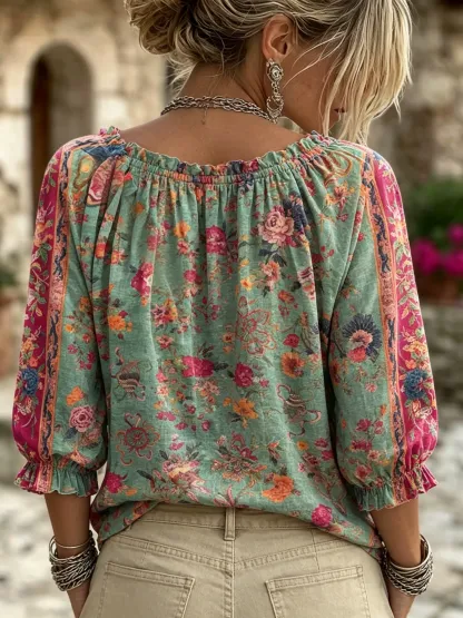 Women's Retro Ethnic Totems Print Ruffle V-neck Blouse