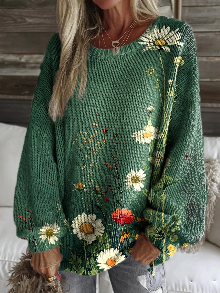 Women's Vintage Green Daisy Floral Print Round Neck Knitted Sweater