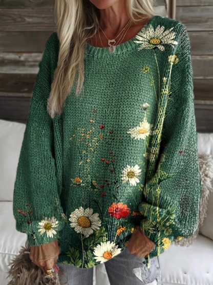 Women's Vintage Green Daisy Floral Print Round Neck Knitted Sweater