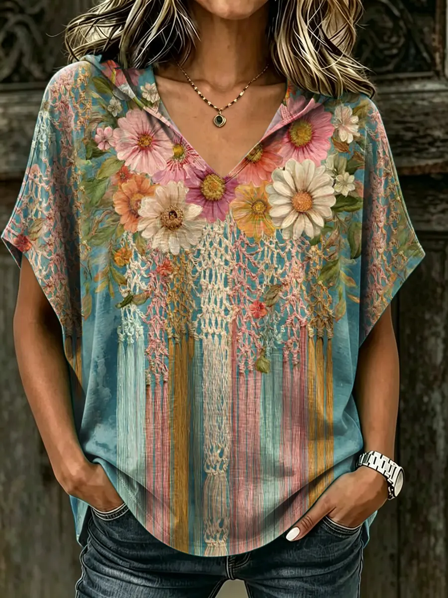 Women's Boho Floral & Macrame Print Cotton Hooded T-Shirt
