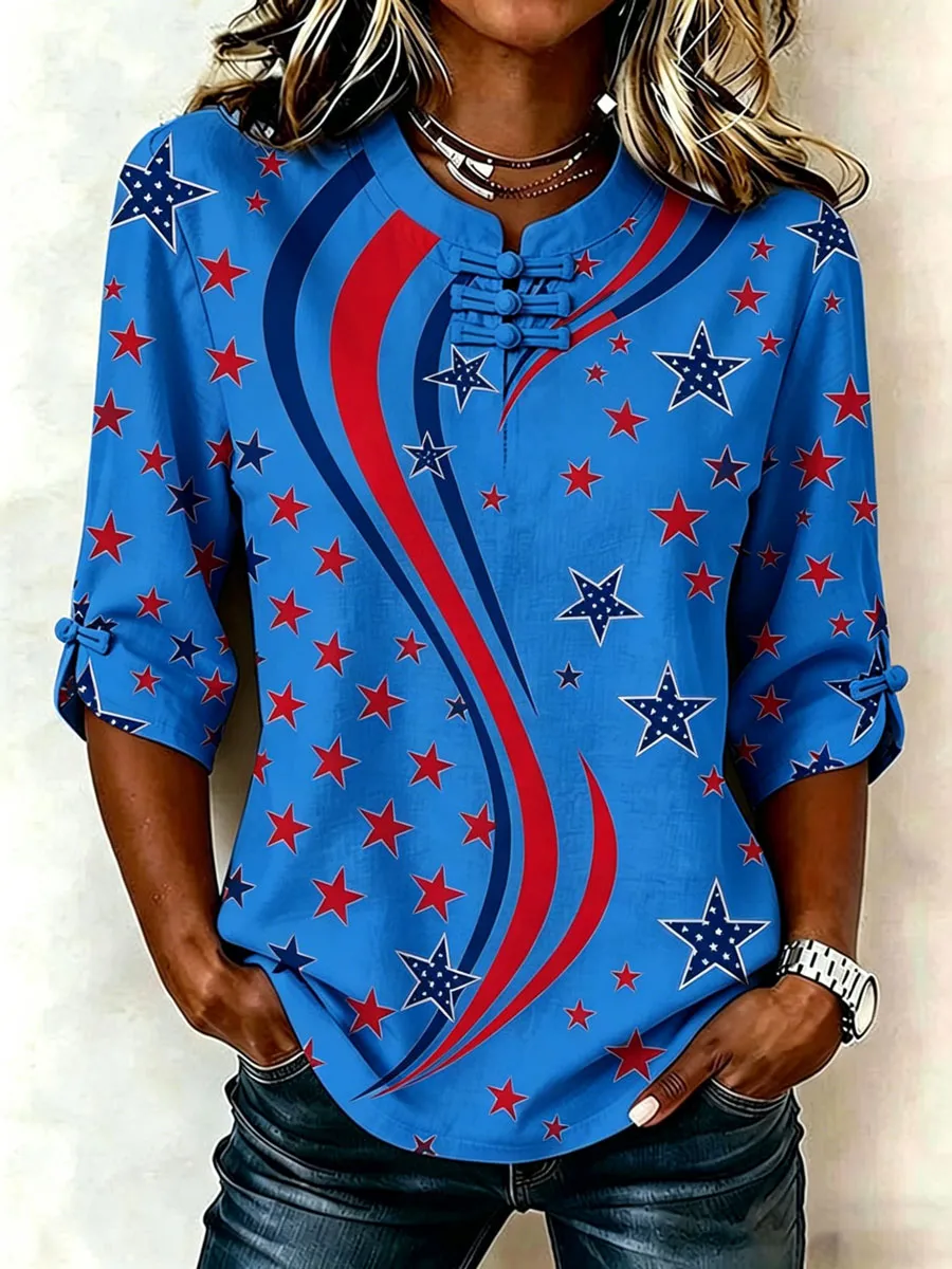 Women's Cotton Linen USA 250th Anniversary Print Shirt