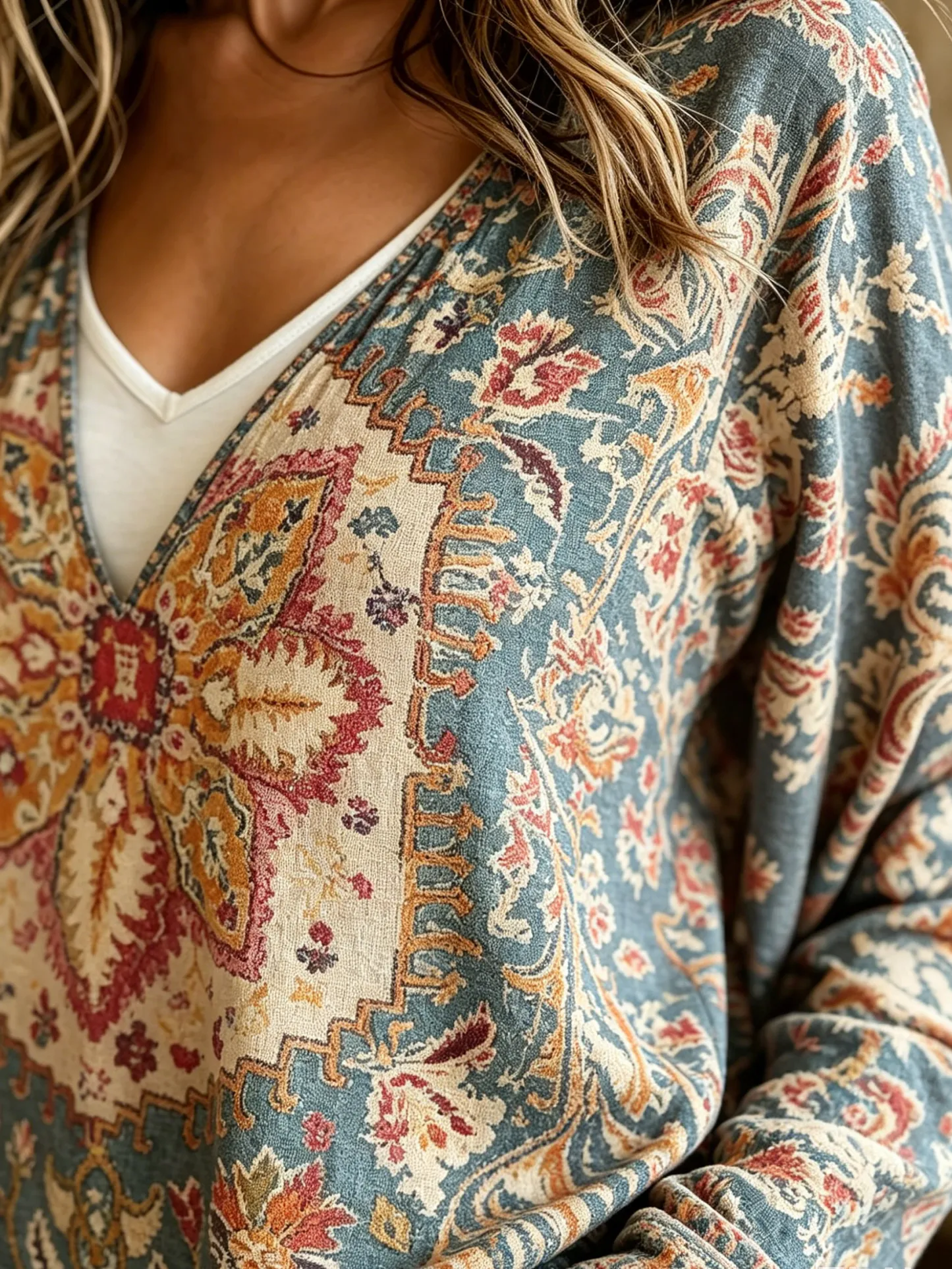 Women's Retro Ethnic Totem Casual Long-sleeved Patchwork V-neck Shirt