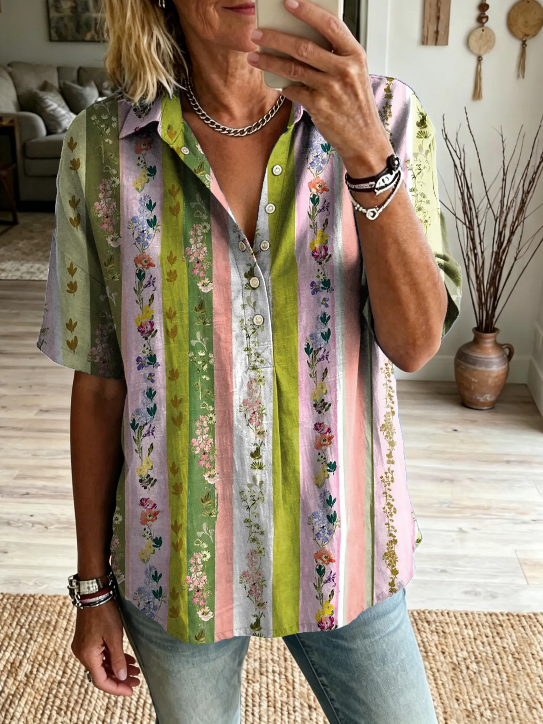 Women's Retro Colorful Striped Floral Art Print Lapel Short-Sleeve Henley Shirt