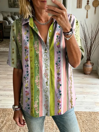Women's Retro Colorful Striped Floral Art Print Lapel Short-Sleeve Henley Shirt