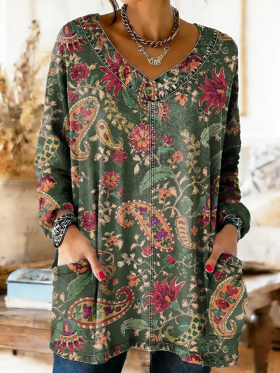 Ethnicity Flowers Paisley Women's Art Print Casual Pocket Washed Denim Cotton Top