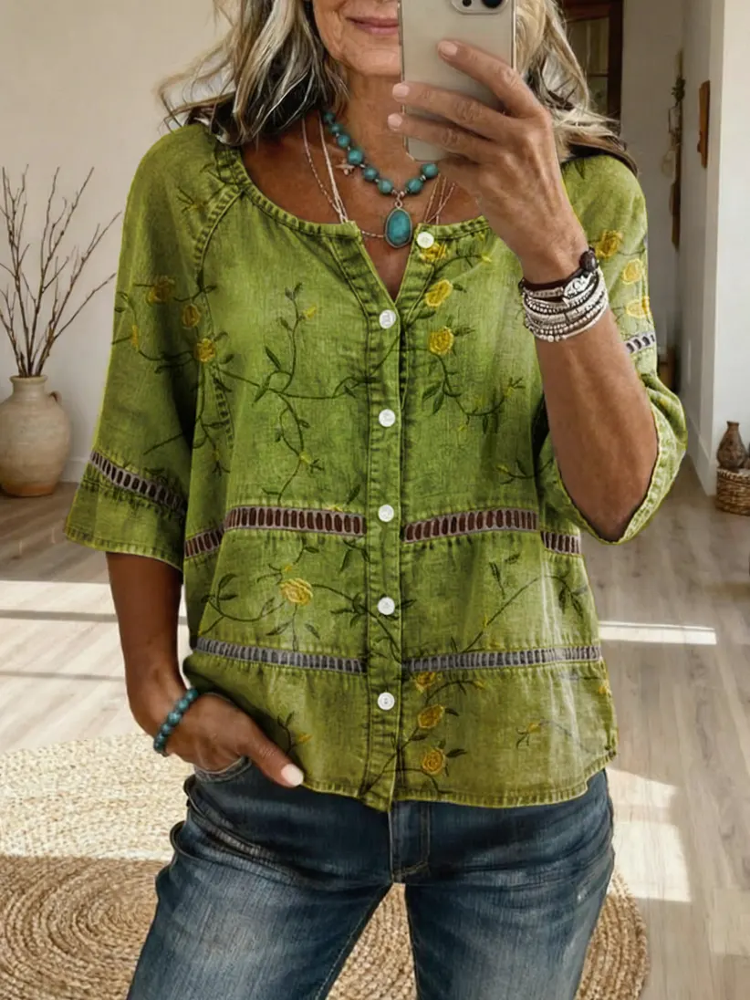 Women's Retro Green Floral Art Print Casual Crew Neck Cutout Top