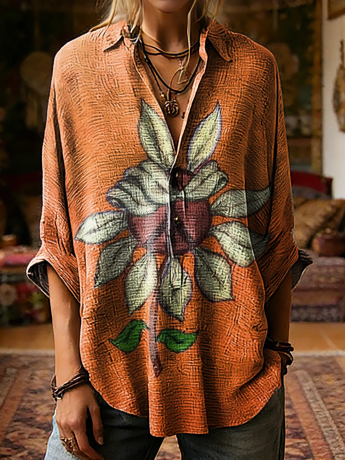Women's Vintage Orange Peace Sign Floral Hippie Art Print Casual Linen