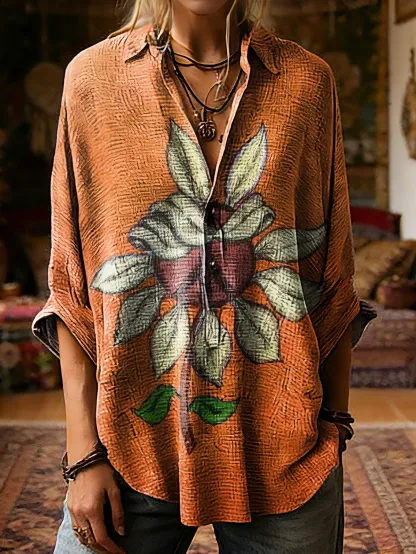 Women's Vintage Orange Peace Sign Floral Hippie Art Print Casual Linen Cotton Long Sleeve T-shirt