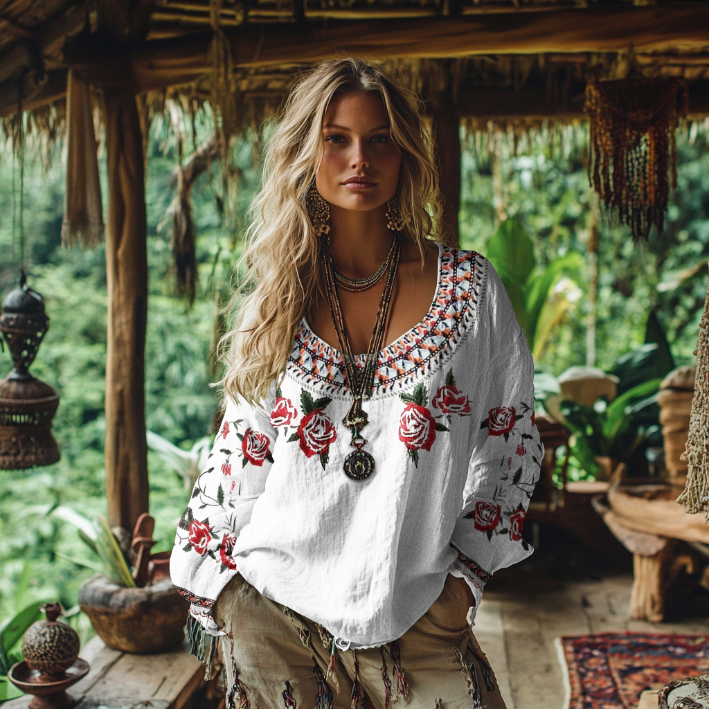 Retro Bohemian Resort Floral Rose Pattern Art Embroidery Cotton And Linen Blend Loose Blouse