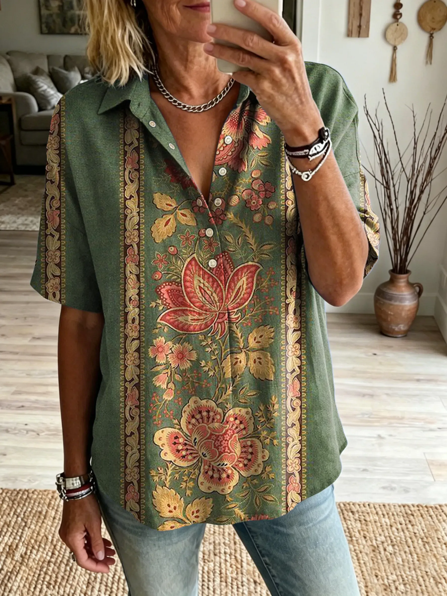 Women's Retro Ethnic Floral Art Print Short-Sleeve Henley Shirt with Lapel Collar