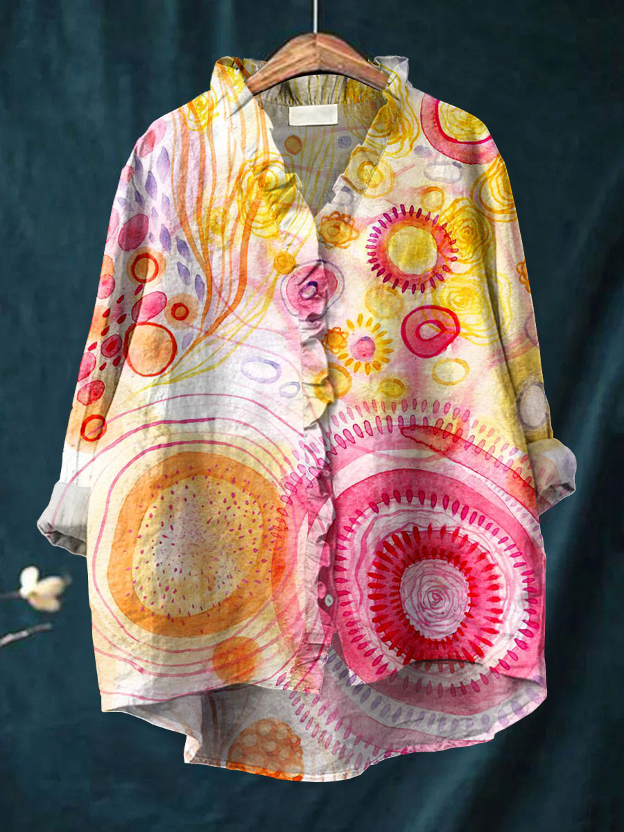 Women's Vintage Abstract Geometric Line Color Block Art Print Casual Cotton And Linen Ruffle Shirt