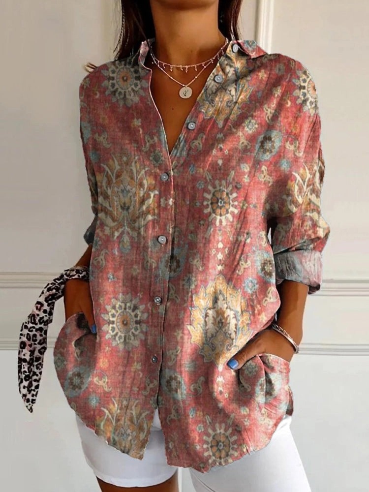 Women's Ethnic Style Print Casual Long Sleeve Comfortable Cotton Shirt