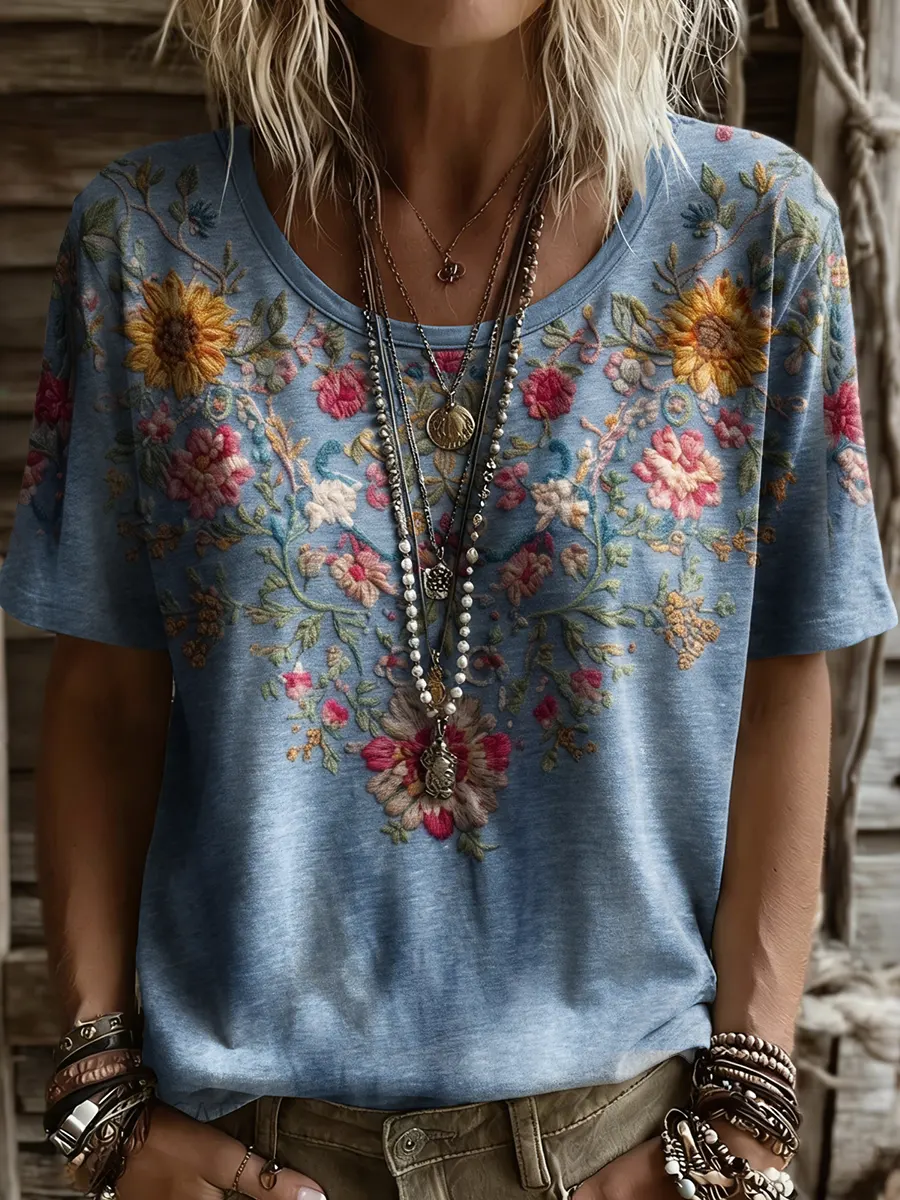 Ethnicity Vintage Flowers Colorful Women And Men's Vintage Art Print Casual T-shirt