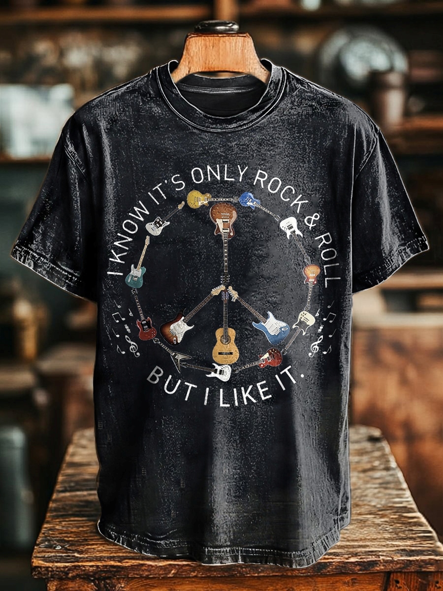 Unisex Hippie Peace Guitar Music Art Print Casual Loose Short Sleeve T