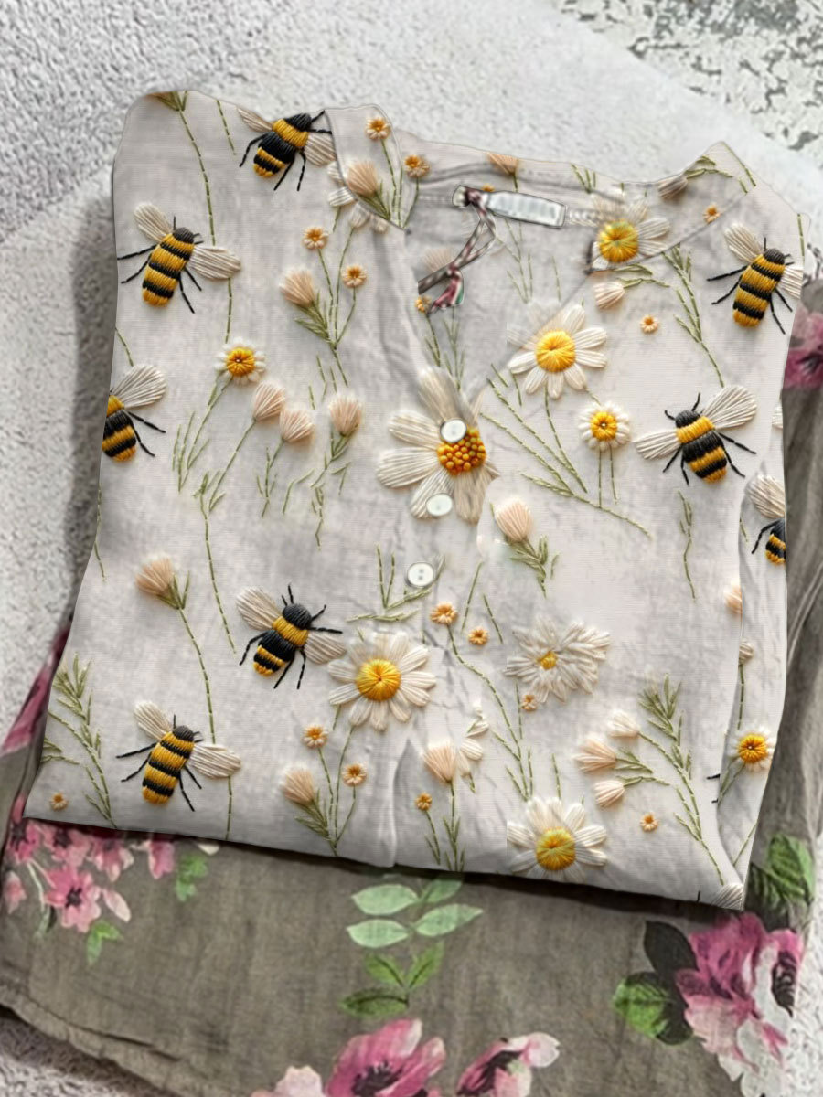 Women's Vintage Flower Bee Art Print Casual Cotton And Linen Shirt