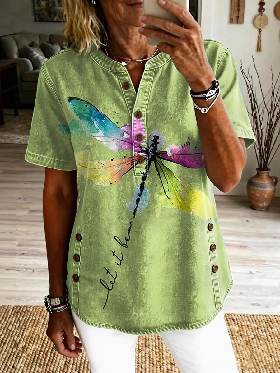 Women's Dragonfly Let It Be Print Button-down Short-sleeve Denim Shirt