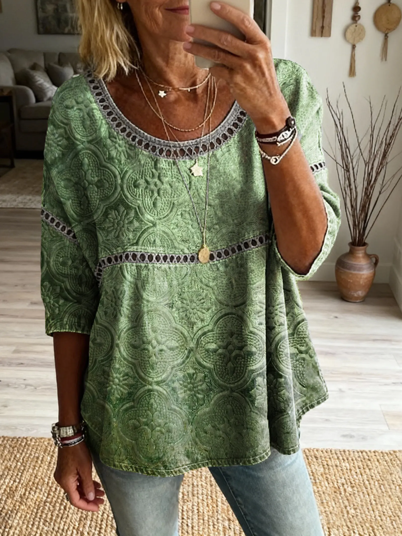 Ethnic Bohemian Textured Floral Art Print Casual Round Neck Hollow-out Top