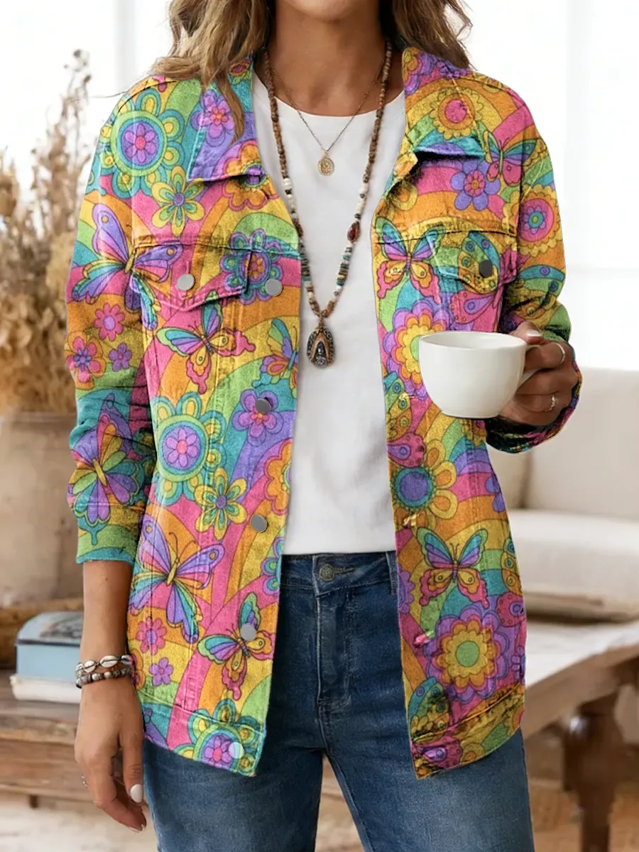 Women's Hippie Floral Butterfly Art Print Cotton Denim Jacket