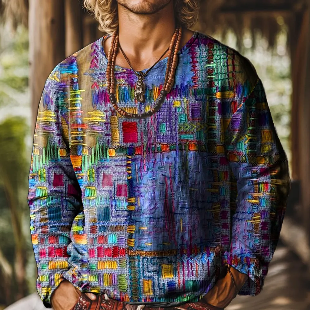 Ethnicity Geometry Texture Vintage Print Casual Cotton Shirt