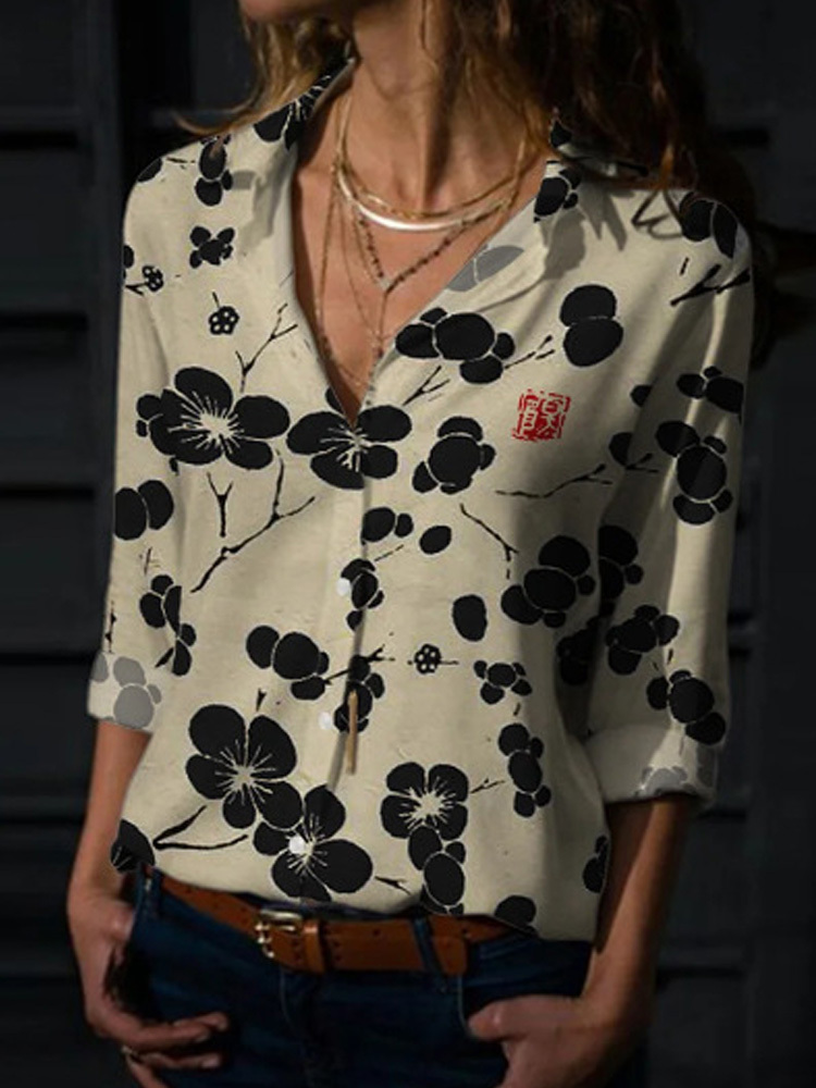 Blouses Floral Print Button Long Sleeve Blouse for Women