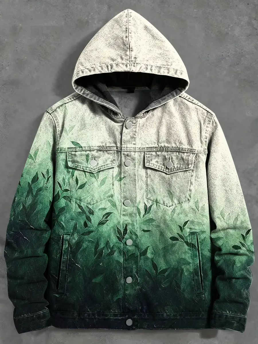 Men's Casual Gradient Bamboo Leaves Print Hooded Denim Jacket