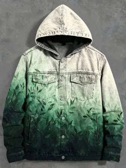 Men's Casual Gradient Bamboo Leaves Print Hooded Denim Jacket