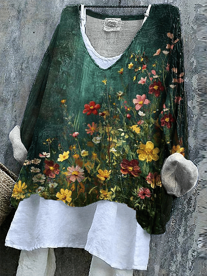 Women's Forest Floral Print V-Neck Top