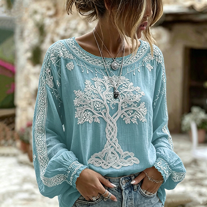 Women's Retro Viking Tree Of Life Pattern Casual Linen Blend T-shirt