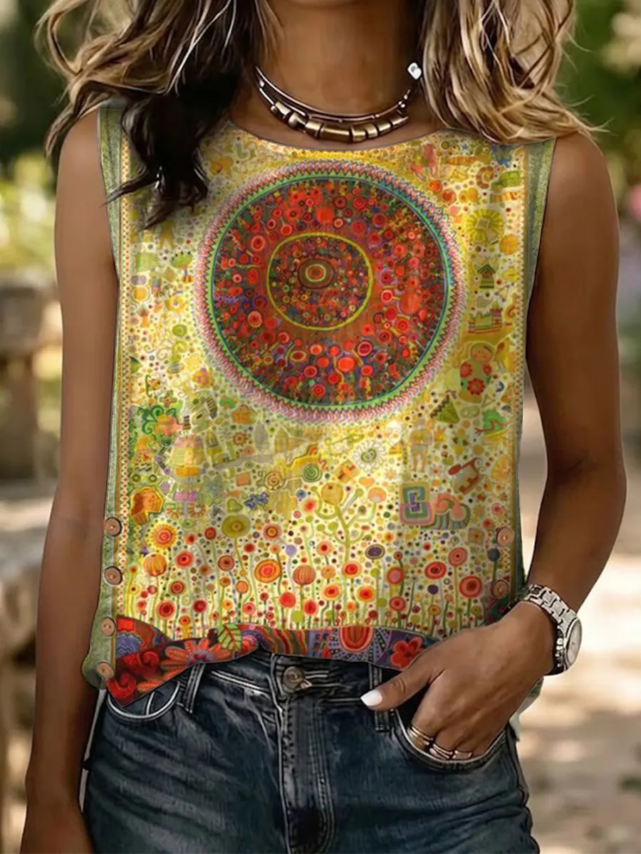 Ethnicity Abstract Geometry Pattern Women's Casual Button-down Tank Top