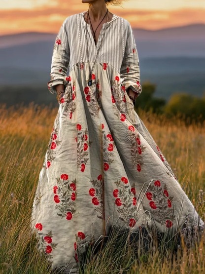 Women's Retro Striped Floral Patchwork Art Print Dress