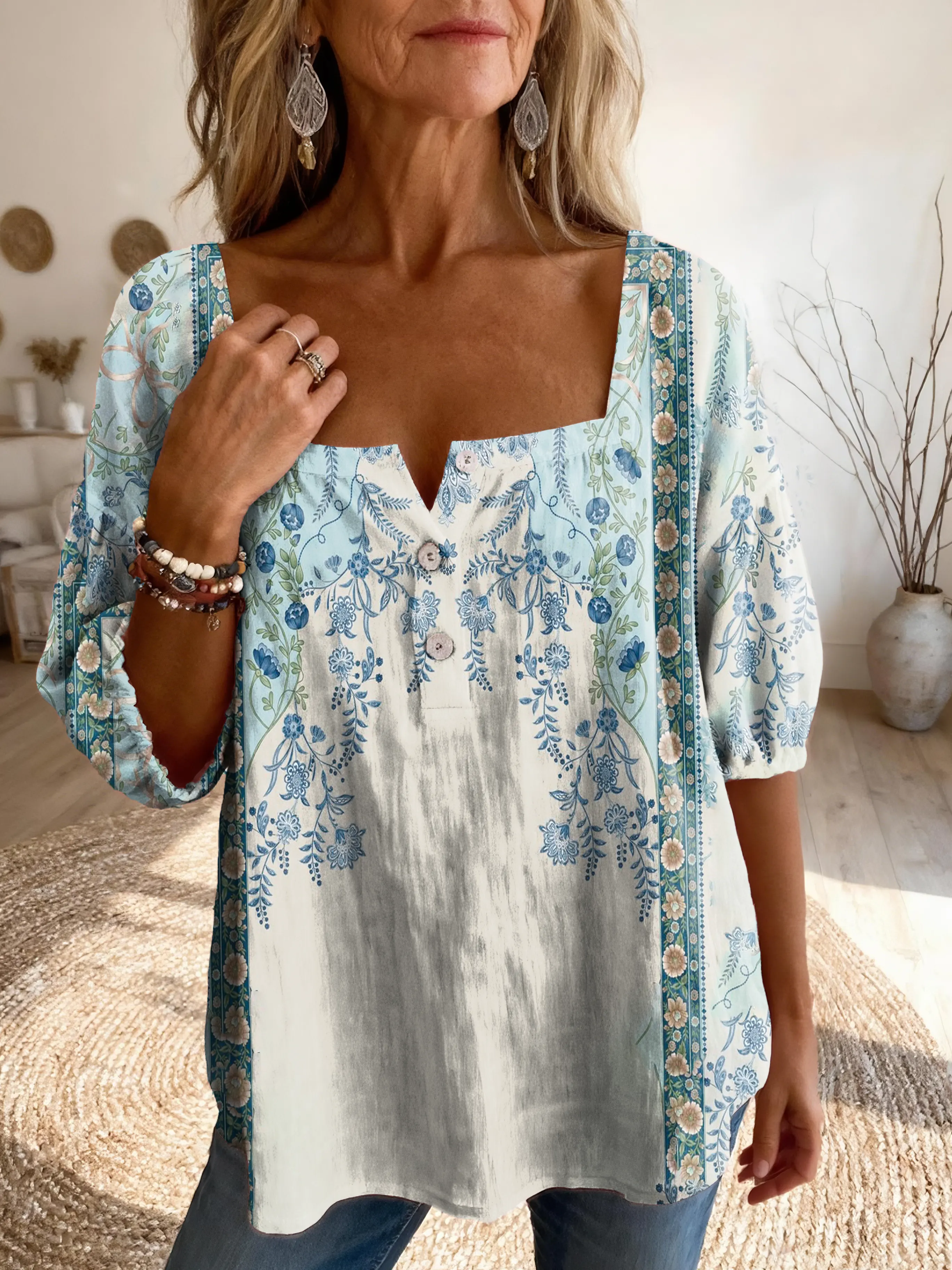 Women's Vintage Ethnic Floral Print Artistic Casual Square Neck Top
