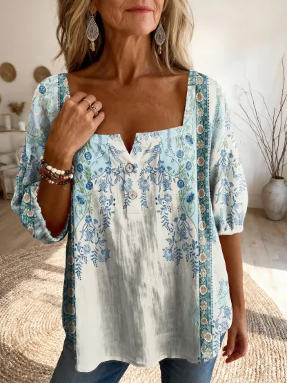 Women's Vintage Ethnic Floral Print Artistic Casual Square Neck Top