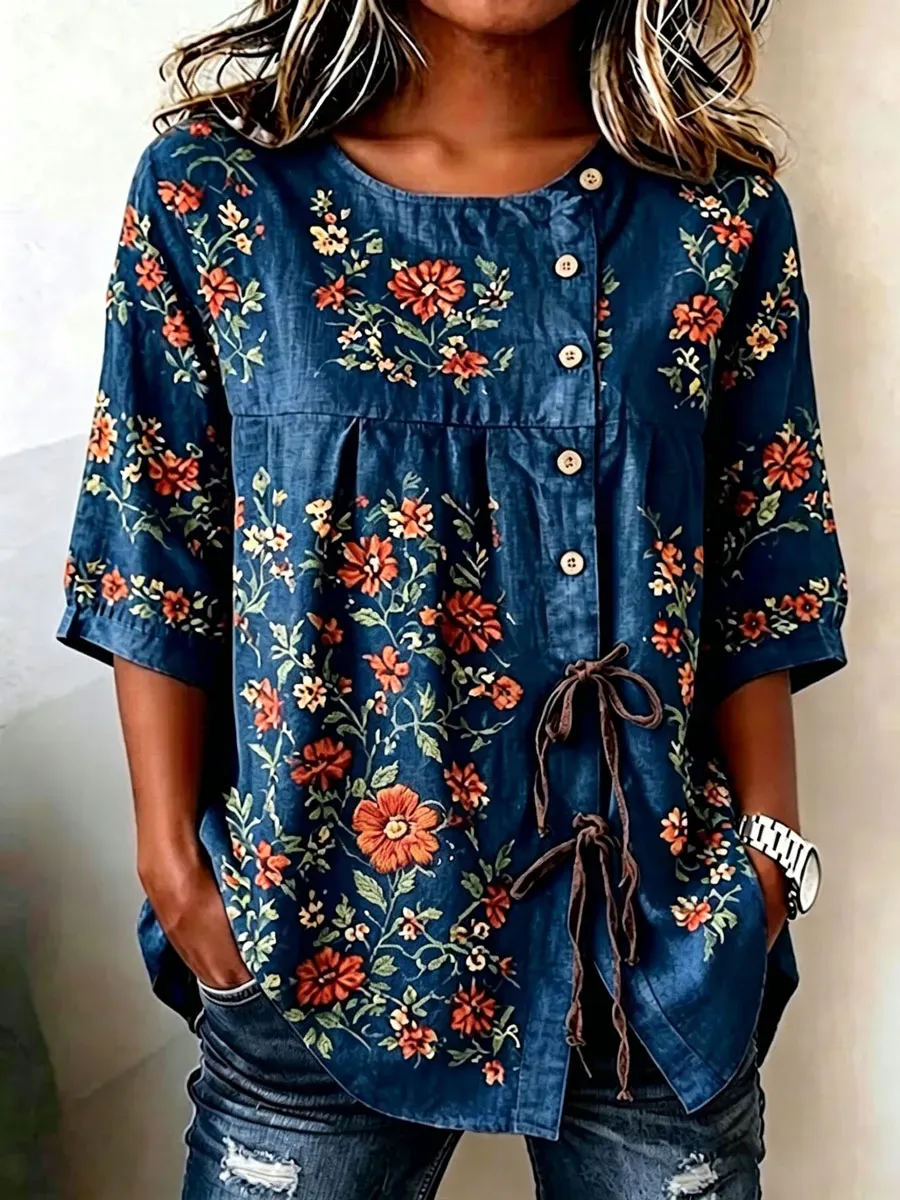 Women'S Casual Print Cotton Linen Print Top