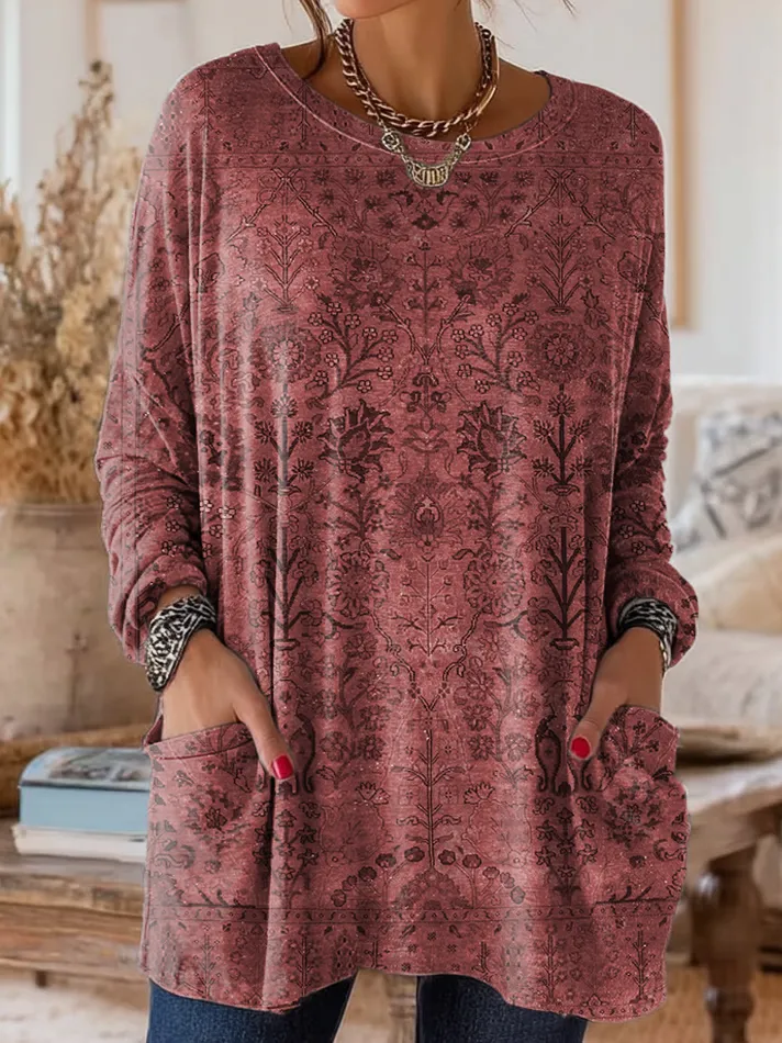 Women's Retro Ethnic Art Print Casual Long-Sleeve Round Neck Cotton T-Shirt