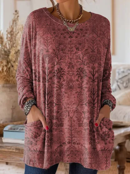 Women's Retro Ethnic Art Print Casual Long-Sleeve Round Neck Cotton T-Shirt