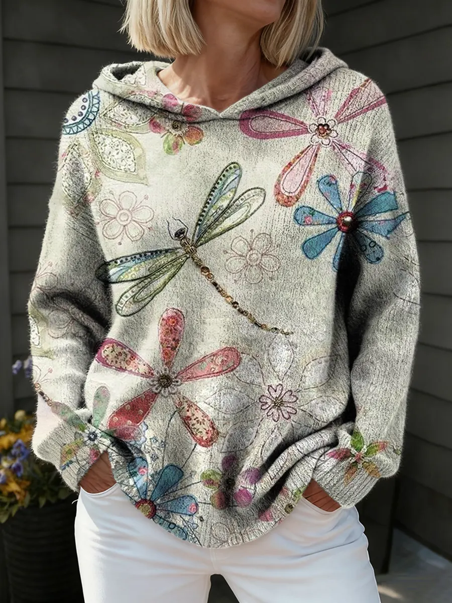 Women's Retro Floral Dragonfly Art Print Comfortable Hooded Knit Sweater