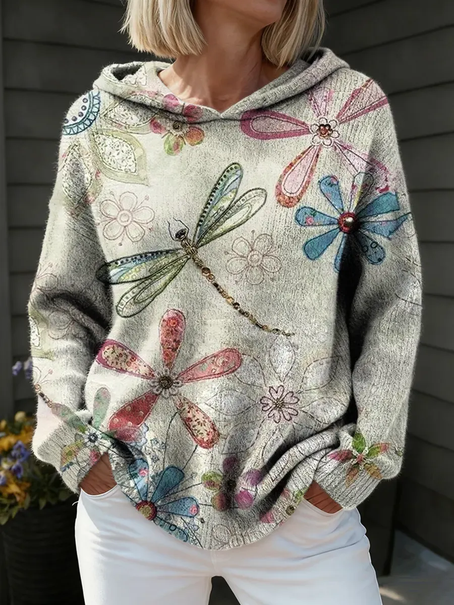 Women's Retro Floral Dragonfly Art Print Comfortable Hooded Knit Sweat