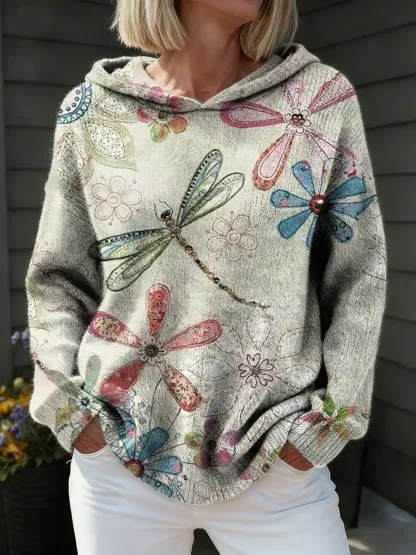 Women's Retro Floral Dragonfly Art Print Comfortable Hooded Knit Sweater