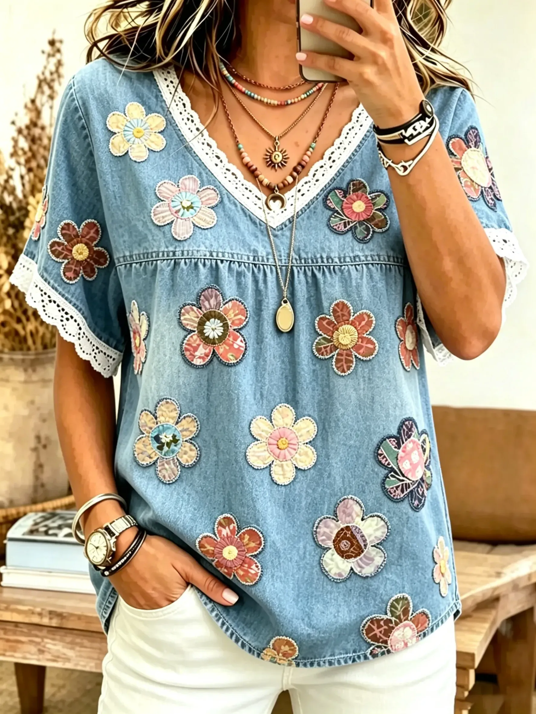 Women's Floral Patchwork Print Cotton Lace Trim V-Neck Blouse