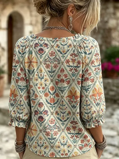 Women's Retro Bohemian Floral Plaid Art Print Casual Three-quarter Sleeve V-neck Ruffle Drawstring Blouse
